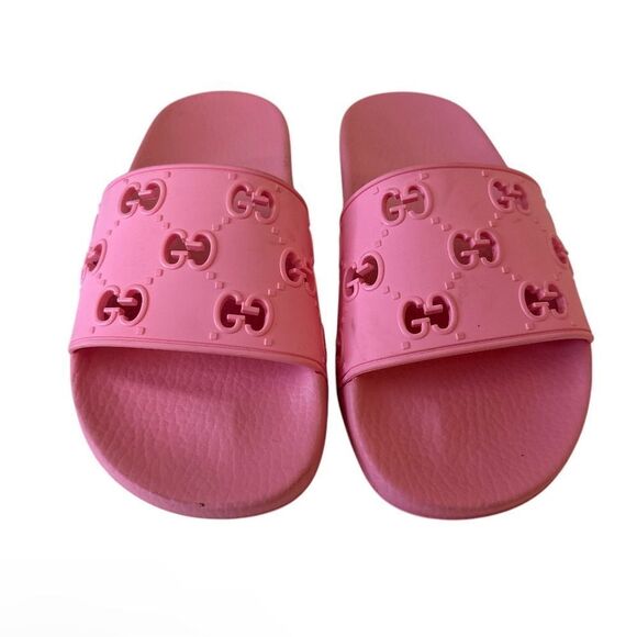 GUCCI GG Rose Pink Rubber Flat Slides - Picture 1 of 9